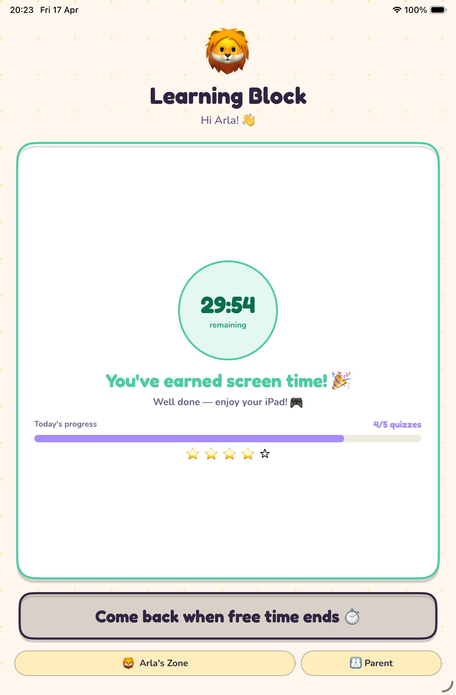 Screen time earned, 29 minutes remaining