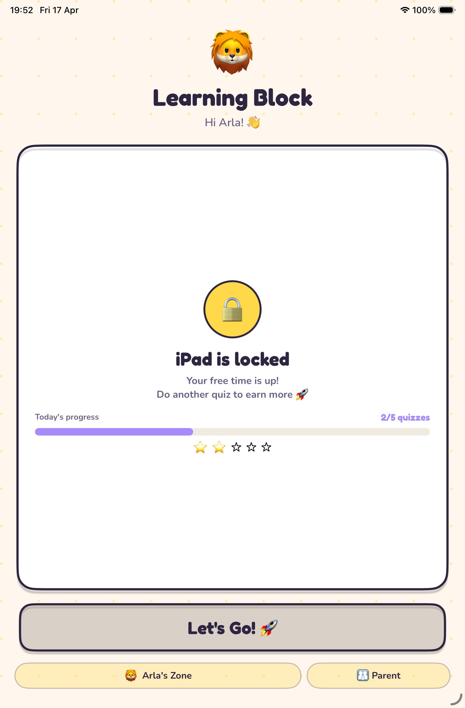 iPad locked, complete a quiz to unlock